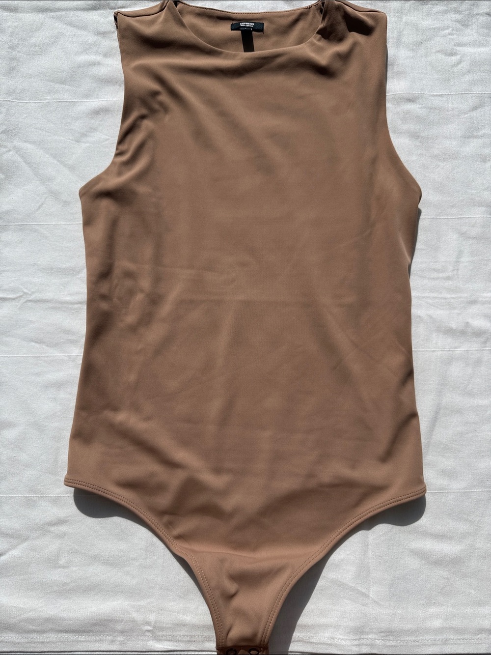 Express Sleeveless High Neck Bodysuit in Brown Tan Body Contour
